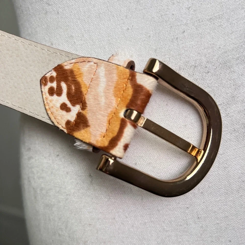 Vintage Cow Print Calf‎ Hair Belt Brown Gold White Patchwork Western Boho Rodeo